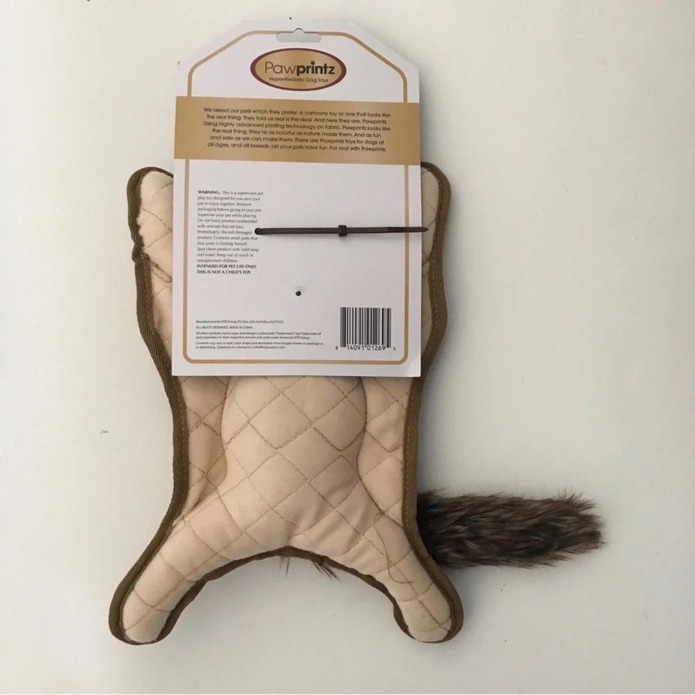 Dog Toy Pawprintz Squirrel Squeaker Faux Fur Tail Fetch Tug Realistic Design